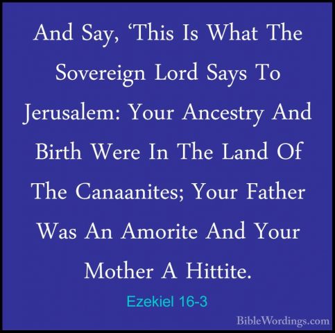 Ezekiel 16-3 - And Say, 'This Is What The Sovereign Lord Says ToAnd Say, 'This Is What The Sovereign Lord Says To Jerusalem: Your Ancestry And Birth Were In The Land Of The Canaanites; Your Father Was An Amorite And Your Mother A Hittite. 
