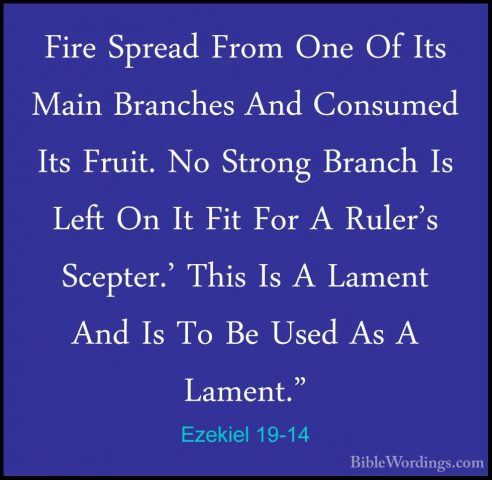 Ezekiel 19-14 - Fire Spread From One Of Its Main Branches And ConFire Spread From One Of Its Main Branches And Consumed Its Fruit. No Strong Branch Is Left On It Fit For A Ruler's Scepter.' This Is A Lament And Is To Be Used As A Lament."
