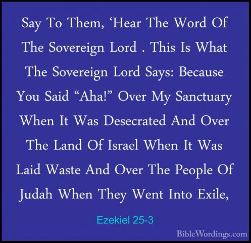 Ezekiel 25-3 - Say To Them, 'Hear The Word Of The Sovereign LordSay To Them, 'Hear The Word Of The Sovereign Lord . This Is What The Sovereign Lord Says: Because You Said "Aha!" Over My Sanctuary When It Was Desecrated And Over The Land Of Israel When It Was Laid Waste And Over The People Of Judah When They Went Into Exile, 