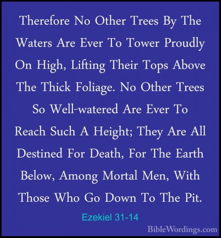 Ezekiel 31-14 - Therefore No Other Trees By The Waters Are Ever TTherefore No Other Trees By The Waters Are Ever To Tower Proudly On High, Lifting Their Tops Above The Thick Foliage. No Other Trees So Well-watered Are Ever To Reach Such A Height; They Are All Destined For Death, For The Earth Below, Among Mortal Men, With Those Who Go Down To The Pit. 
