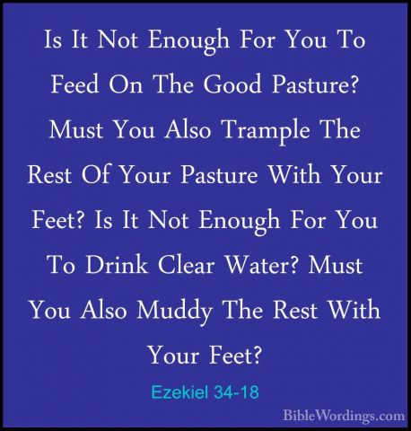 Ezekiel 34-18 - Is It Not Enough For You To Feed On The Good PastIs It Not Enough For You To Feed On The Good Pasture? Must You Also Trample The Rest Of Your Pasture With Your Feet? Is It Not Enough For You To Drink Clear Water? Must You Also Muddy The Rest With Your Feet? 