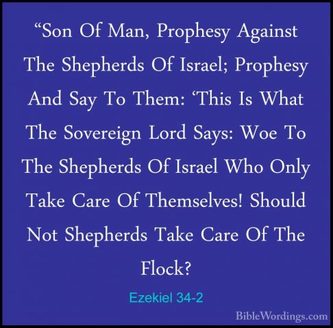Ezekiel 34-2 - "Son Of Man, Prophesy Against The Shepherds Of Isr"Son Of Man, Prophesy Against The Shepherds Of Israel; Prophesy And Say To Them: 'This Is What The Sovereign Lord Says: Woe To The Shepherds Of Israel Who Only Take Care Of Themselves! Should Not Shepherds Take Care Of The Flock? 