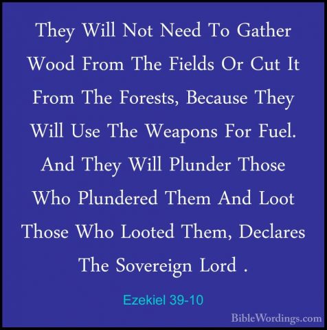 Ezekiel 39-10 - They Will Not Need To Gather Wood From The FieldsThey Will Not Need To Gather Wood From The Fields Or Cut It From The Forests, Because They Will Use The Weapons For Fuel. And They Will Plunder Those Who Plundered Them And Loot Those Who Looted Them, Declares The Sovereign Lord . 