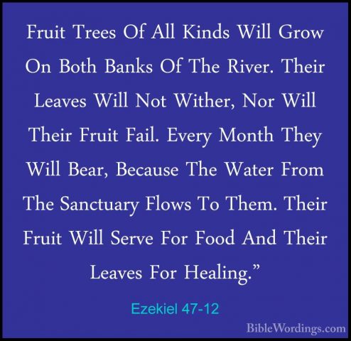 Ezekiel 47-12 - Fruit Trees Of All Kinds Will Grow On Both BanksFruit Trees Of All Kinds Will Grow On Both Banks Of The River. Their Leaves Will Not Wither, Nor Will Their Fruit Fail. Every Month They Will Bear, Because The Water From The Sanctuary Flows To Them. Their Fruit Will Serve For Food And Their Leaves For Healing." 