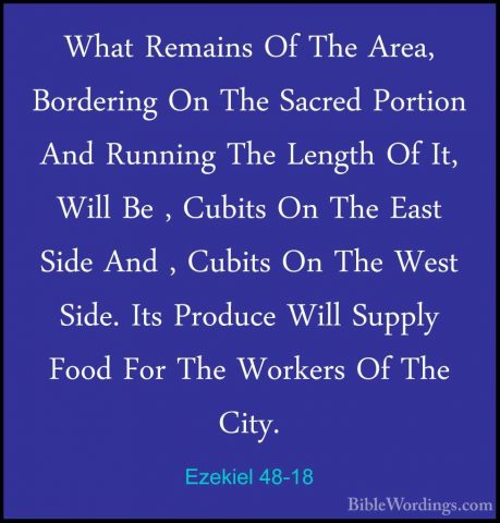 Ezekiel 48-18 - What Remains Of The Area, Bordering On The SacredWhat Remains Of The Area, Bordering On The Sacred Portion And Running The Length Of It, Will Be , Cubits On The East Side And , Cubits On The West Side. Its Produce Will Supply Food For The Workers Of The City. 
