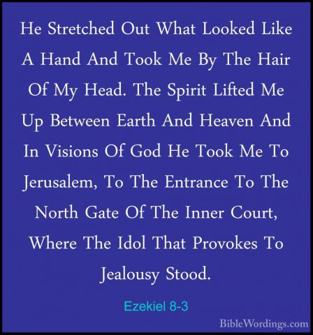 Ezekiel 8-3 - He Stretched Out What Looked Like A Hand And Took MHe Stretched Out What Looked Like A Hand And Took Me By The Hair Of My Head. The Spirit Lifted Me Up Between Earth And Heaven And In Visions Of God He Took Me To Jerusalem, To The Entrance To The North Gate Of The Inner Court, Where The Idol That Provokes To Jealousy Stood. 