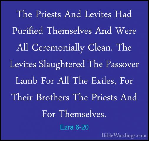 Ezra 6-20 - The Priests And Levites Had Purified Themselves And WThe Priests And Levites Had Purified Themselves And Were All Ceremonially Clean. The Levites Slaughtered The Passover Lamb For All The Exiles, For Their Brothers The Priests And For Themselves. 