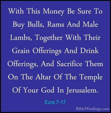 Ezra 7-17 - With This Money Be Sure To Buy Bulls, Rams And Male LWith This Money Be Sure To Buy Bulls, Rams And Male Lambs, Together With Their Grain Offerings And Drink Offerings, And Sacrifice Them On The Altar Of The Temple Of Your God In Jerusalem. 