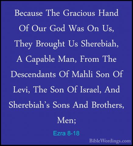 Ezra 8-18 - Because The Gracious Hand Of Our God Was On Us, TheyBecause The Gracious Hand Of Our God Was On Us, They Brought Us Sherebiah, A Capable Man, From The Descendants Of Mahli Son Of Levi, The Son Of Israel, And Sherebiah's Sons And Brothers,  Men; 