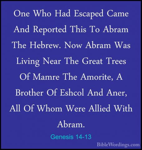 Genesis 14-13 - One Who Had Escaped Came And Reported This To AbrOne Who Had Escaped Came And Reported This To Abram The Hebrew. Now Abram Was Living Near The Great Trees Of Mamre The Amorite, A Brother Of Eshcol And Aner, All Of Whom Were Allied With Abram. 