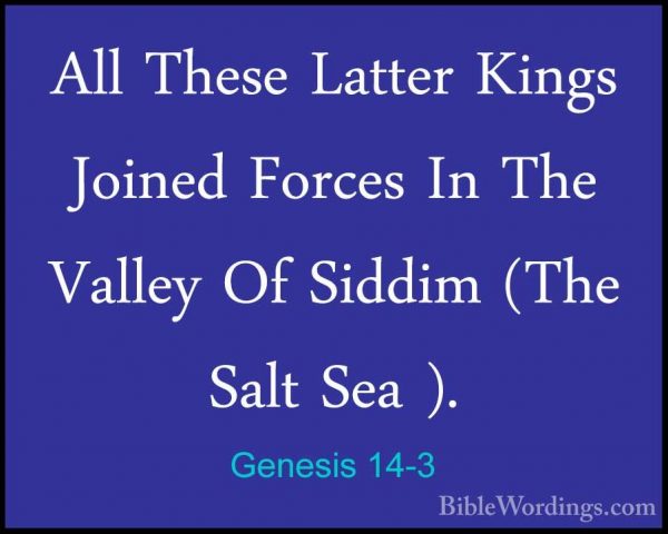 Genesis 14-3 - All These Latter Kings Joined Forces In The ValleyAll These Latter Kings Joined Forces In The Valley Of Siddim (The Salt Sea ). 