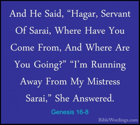 Genesis 16-8 - And He Said, "Hagar, Servant Of Sarai, Where HaveAnd He Said, "Hagar, Servant Of Sarai, Where Have You Come From, And Where Are You Going?" "I'm Running Away From My Mistress Sarai," She Answered. 