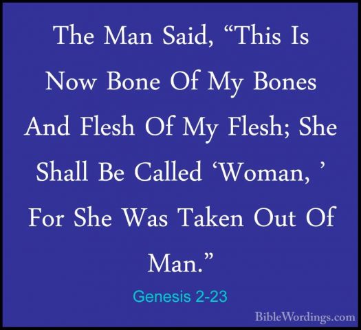 Genesis 2-23 - The Man Said, "This Is Now Bone Of My Bones And FlThe Man Said, "This Is Now Bone Of My Bones And Flesh Of My Flesh; She Shall Be Called 'Woman, ' For She Was Taken Out Of Man." 