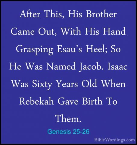 Genesis 25-26 - After This, His Brother Came Out, With His Hand GAfter This, His Brother Came Out, With His Hand Grasping Esau's Heel; So He Was Named Jacob. Isaac Was Sixty Years Old When Rebekah Gave Birth To Them. 
