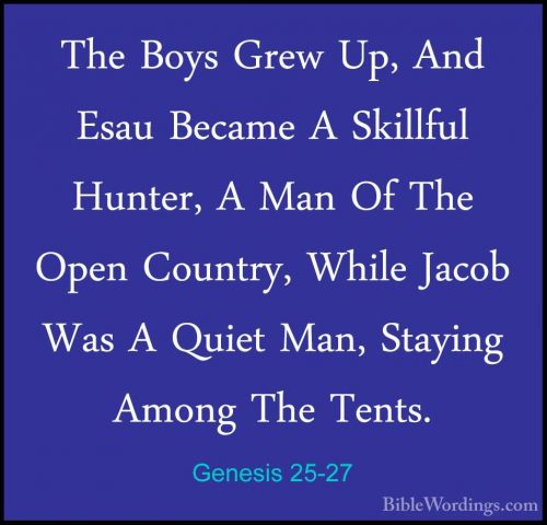 Genesis 25-27 - The Boys Grew Up, And Esau Became A Skillful HuntThe Boys Grew Up, And Esau Became A Skillful Hunter, A Man Of The Open Country, While Jacob Was A Quiet Man, Staying Among The Tents. 