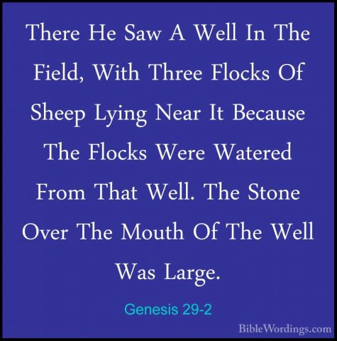 Genesis 29-2 - There He Saw A Well In The Field, With Three FlockThere He Saw A Well In The Field, With Three Flocks Of Sheep Lying Near It Because The Flocks Were Watered From That Well. The Stone Over The Mouth Of The Well Was Large. 