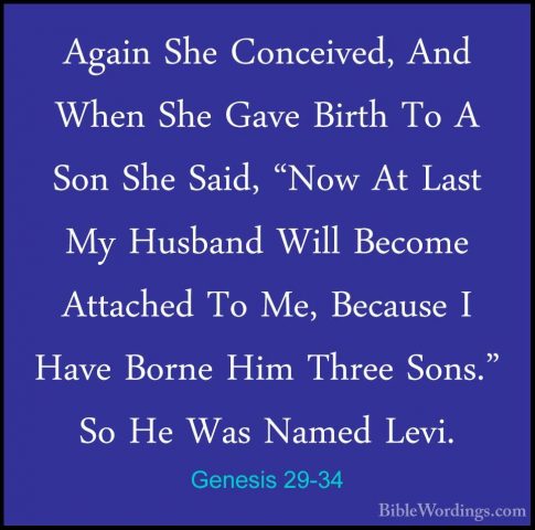 Genesis 29-34 - Again She Conceived, And When She Gave Birth To AAgain She Conceived, And When She Gave Birth To A Son She Said, "Now At Last My Husband Will Become Attached To Me, Because I Have Borne Him Three Sons." So He Was Named Levi. 