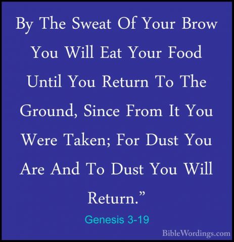 Genesis 3-19 - By The Sweat Of Your Brow You Will Eat Your Food UBy The Sweat Of Your Brow You Will Eat Your Food Until You Return To The Ground, Since From It You Were Taken; For Dust You Are And To Dust You Will Return." 