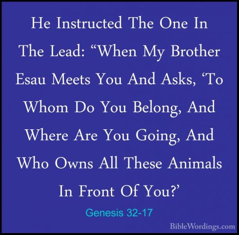 Genesis 32-17 - He Instructed The One In The Lead: "When My BrothHe Instructed The One In The Lead: "When My Brother Esau Meets You And Asks, 'To Whom Do You Belong, And Where Are You Going, And Who Owns All These Animals In Front Of You?' 