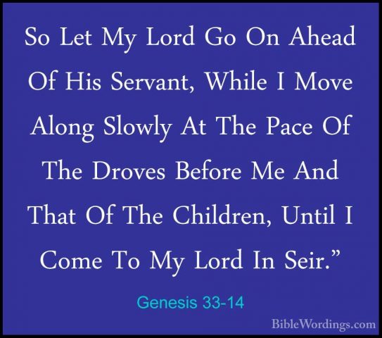 Genesis 33-14 - So Let My Lord Go On Ahead Of His Servant, WhileSo Let My Lord Go On Ahead Of His Servant, While I Move Along Slowly At The Pace Of The Droves Before Me And That Of The Children, Until I Come To My Lord In Seir." 