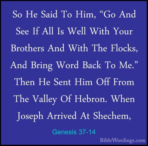 Genesis 37-14 - So He Said To Him, "Go And See If All Is Well WitSo He Said To Him, "Go And See If All Is Well With Your Brothers And With The Flocks, And Bring Word Back To Me." Then He Sent Him Off From The Valley Of Hebron. When Joseph Arrived At Shechem, 