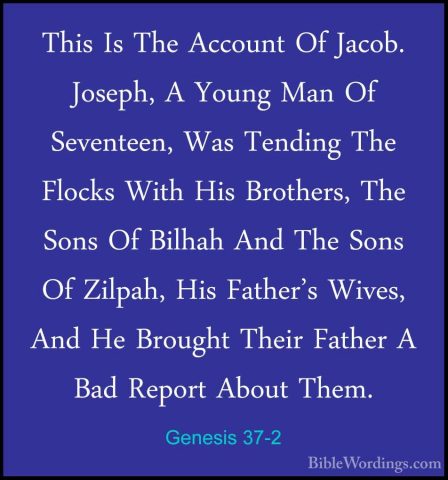 Genesis 37-2 - This Is The Account Of Jacob. Joseph, A Young ManThis Is The Account Of Jacob. Joseph, A Young Man Of Seventeen, Was Tending The Flocks With His Brothers, The Sons Of Bilhah And The Sons Of Zilpah, His Father's Wives, And He Brought Their Father A Bad Report About Them. 