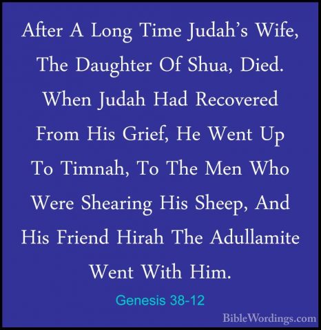 Genesis 38-12 - After A Long Time Judah's Wife, The Daughter Of SAfter A Long Time Judah's Wife, The Daughter Of Shua, Died. When Judah Had Recovered From His Grief, He Went Up To Timnah, To The Men Who Were Shearing His Sheep, And His Friend Hirah The Adullamite Went With Him. 