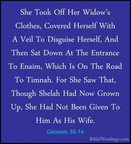 Genesis 38-14 - She Took Off Her Widow's Clothes, Covered HerselfShe Took Off Her Widow's Clothes, Covered Herself With A Veil To Disguise Herself, And Then Sat Down At The Entrance To Enaim, Which Is On The Road To Timnah. For She Saw That, Though Shelah Had Now Grown Up, She Had Not Been Given To Him As His Wife. 