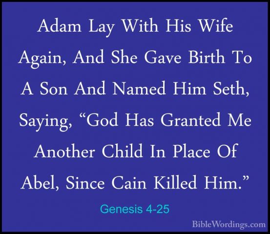 Genesis 4-25 - Adam Lay With His Wife Again, And She Gave Birth TAdam Lay With His Wife Again, And She Gave Birth To A Son And Named Him Seth, Saying, "God Has Granted Me Another Child In Place Of Abel, Since Cain Killed Him." 