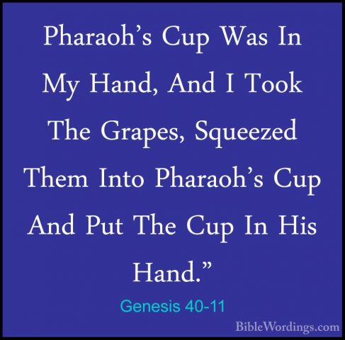 Genesis 40-11 - Pharaoh's Cup Was In My Hand, And I Took The GrapPharaoh's Cup Was In My Hand, And I Took The Grapes, Squeezed Them Into Pharaoh's Cup And Put The Cup In His Hand." 