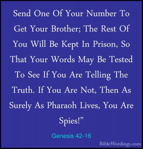 Genesis 42-16 - Send One Of Your Number To Get Your Brother; TheSend One Of Your Number To Get Your Brother; The Rest Of You Will Be Kept In Prison, So That Your Words May Be Tested To See If You Are Telling The Truth. If You Are Not, Then As Surely As Pharaoh Lives, You Are Spies!" 
