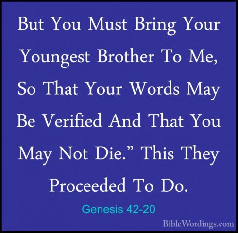 Genesis 42-20 - But You Must Bring Your Youngest Brother To Me, SBut You Must Bring Your Youngest Brother To Me, So That Your Words May Be Verified And That You May Not Die." This They Proceeded To Do. 