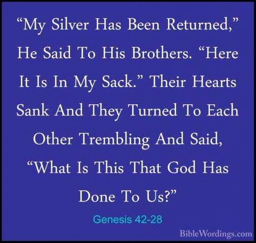 Genesis 42-28 - "My Silver Has Been Returned," He Said To His Bro"My Silver Has Been Returned," He Said To His Brothers. "Here It Is In My Sack." Their Hearts Sank And They Turned To Each Other Trembling And Said, "What Is This That God Has Done To Us?" 