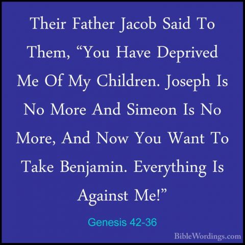 Genesis 42-36 - Their Father Jacob Said To Them, "You Have DeprivTheir Father Jacob Said To Them, "You Have Deprived Me Of My Children. Joseph Is No More And Simeon Is No More, And Now You Want To Take Benjamin. Everything Is Against Me!" 