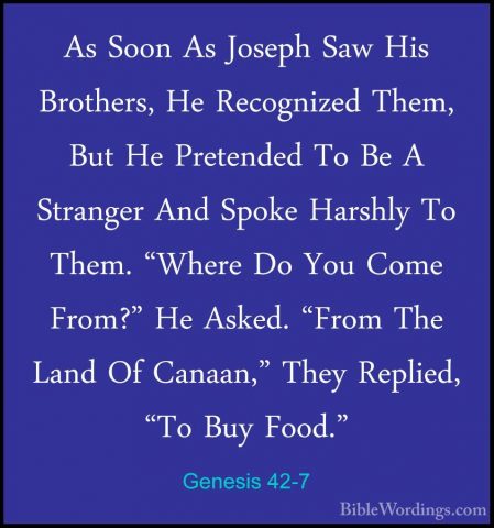 Genesis 42-7 - As Soon As Joseph Saw His Brothers, He RecognizedAs Soon As Joseph Saw His Brothers, He Recognized Them, But He Pretended To Be A Stranger And Spoke Harshly To Them. "Where Do You Come From?" He Asked. "From The Land Of Canaan," They Replied, "To Buy Food." 
