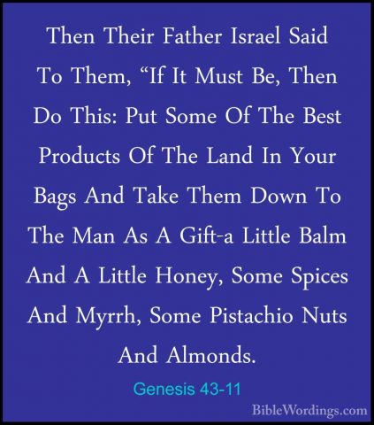 Genesis 43-11 - Then Their Father Israel Said To Them, "If It MusThen Their Father Israel Said To Them, "If It Must Be, Then Do This: Put Some Of The Best Products Of The Land In Your Bags And Take Them Down To The Man As A Gift-a Little Balm And A Little Honey, Some Spices And Myrrh, Some Pistachio Nuts And Almonds. 