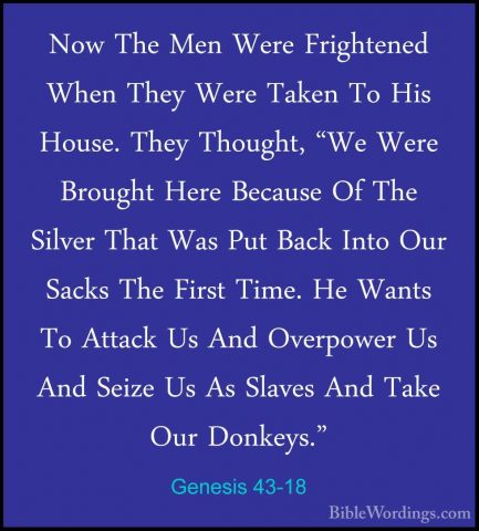 Genesis 43-18 - Now The Men Were Frightened When They Were TakenNow The Men Were Frightened When They Were Taken To His House. They Thought, "We Were Brought Here Because Of The Silver That Was Put Back Into Our Sacks The First Time. He Wants To Attack Us And Overpower Us And Seize Us As Slaves And Take Our Donkeys." 
