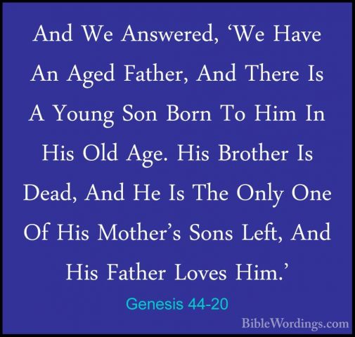 Genesis 44-20 - And We Answered, 'We Have An Aged Father, And TheAnd We Answered, 'We Have An Aged Father, And There Is A Young Son Born To Him In His Old Age. His Brother Is Dead, And He Is The Only One Of His Mother's Sons Left, And His Father Loves Him.' 