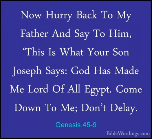 Genesis 45-9 - Now Hurry Back To My Father And Say To Him, 'ThisNow Hurry Back To My Father And Say To Him, 'This Is What Your Son Joseph Says: God Has Made Me Lord Of All Egypt. Come Down To Me; Don't Delay. 