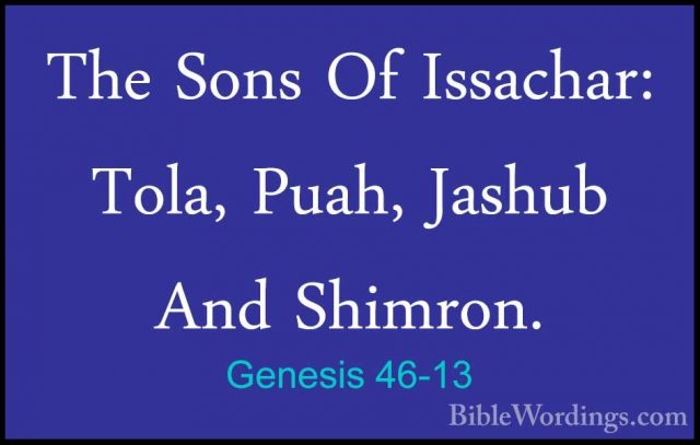 Genesis 46-13 - The Sons Of Issachar: Tola, Puah, Jashub And ShimThe Sons Of Issachar: Tola, Puah, Jashub And Shimron. 
