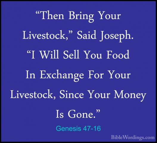Genesis 47-16 - "Then Bring Your Livestock," Said Joseph. "I Will"Then Bring Your Livestock," Said Joseph. "I Will Sell You Food In Exchange For Your Livestock, Since Your Money Is Gone." 