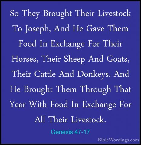 Genesis 47-17 - So They Brought Their Livestock To Joseph, And HeSo They Brought Their Livestock To Joseph, And He Gave Them Food In Exchange For Their Horses, Their Sheep And Goats, Their Cattle And Donkeys. And He Brought Them Through That Year With Food In Exchange For All Their Livestock. 