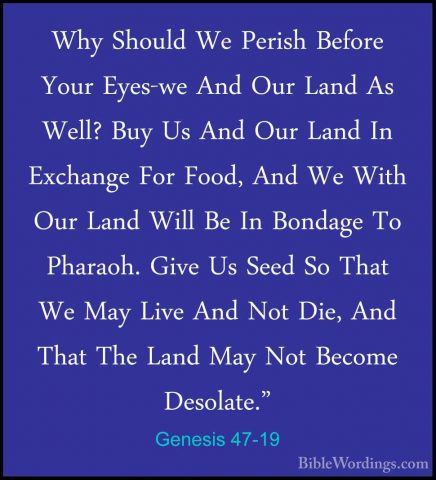 Genesis 47-19 - Why Should We Perish Before Your Eyes-we And OurWhy Should We Perish Before Your Eyes-we And Our Land As Well? Buy Us And Our Land In Exchange For Food, And We With Our Land Will Be In Bondage To Pharaoh. Give Us Seed So That We May Live And Not Die, And That The Land May Not Become Desolate." 