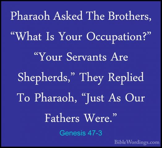 Genesis 47-3 - Pharaoh Asked The Brothers, "What Is Your OccupatiPharaoh Asked The Brothers, "What Is Your Occupation?" "Your Servants Are Shepherds," They Replied To Pharaoh, "Just As Our Fathers Were." 
