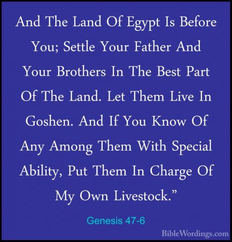 Genesis 47-6 - And The Land Of Egypt Is Before You; Settle Your FAnd The Land Of Egypt Is Before You; Settle Your Father And Your Brothers In The Best Part Of The Land. Let Them Live In Goshen. And If You Know Of Any Among Them With Special Ability, Put Them In Charge Of My Own Livestock." 