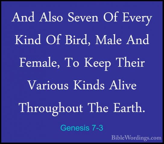 Genesis 7-3 - And Also Seven Of Every Kind Of Bird, Male And FemaAnd Also Seven Of Every Kind Of Bird, Male And Female, To Keep Their Various Kinds Alive Throughout The Earth. 