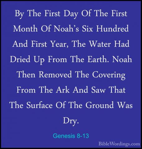 Genesis 8-13 - By The First Day Of The First Month Of Noah's SixBy The First Day Of The First Month Of Noah's Six Hundred And First Year, The Water Had Dried Up From The Earth. Noah Then Removed The Covering From The Ark And Saw That The Surface Of The Ground Was Dry. 
