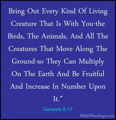 Genesis 8-17 - Bring Out Every Kind Of Living Creature That Is WiBring Out Every Kind Of Living Creature That Is With You-the Birds, The Animals, And All The Creatures That Move Along The Ground-so They Can Multiply On The Earth And Be Fruitful And Increase In Number Upon It." 