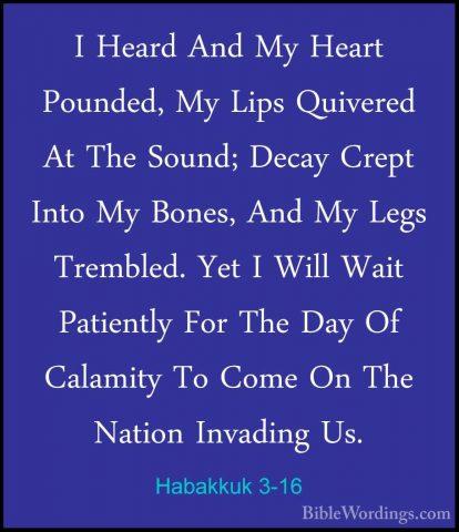 Habakkuk 3-16 - I Heard And My Heart Pounded, My Lips Quivered AtI Heard And My Heart Pounded, My Lips Quivered At The Sound; Decay Crept Into My Bones, And My Legs Trembled. Yet I Will Wait Patiently For The Day Of Calamity To Come On The Nation Invading Us. 