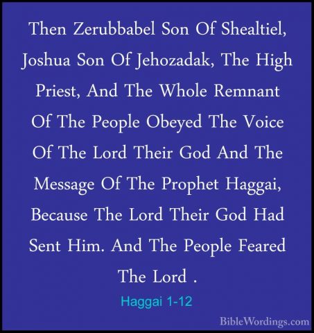 Haggai 1-12 - Then Zerubbabel Son Of Shealtiel, Joshua Son Of JehThen Zerubbabel Son Of Shealtiel, Joshua Son Of Jehozadak, The High Priest, And The Whole Remnant Of The People Obeyed The Voice Of The Lord Their God And The Message Of The Prophet Haggai, Because The Lord Their God Had Sent Him. And The People Feared The Lord . 